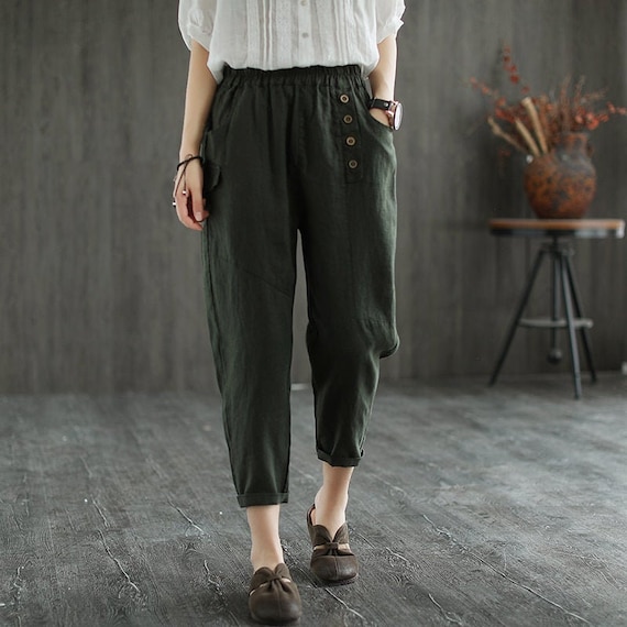 Summer Cotton and Linen Pants Women, Retro Elastic Waist Pants