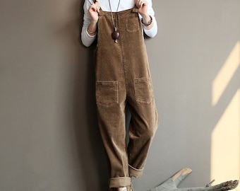 Autumn and winter corduroy loose jumpsuit women,corduroy wide-leg pants,corduroy bib, retro trousers,large pocket rompers,handmade jumpsuit