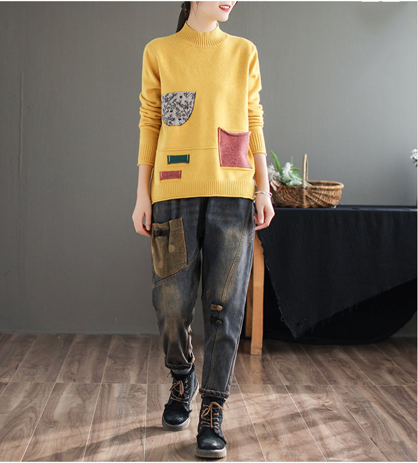 Zipper Fly Half High Collar Two Piece Set