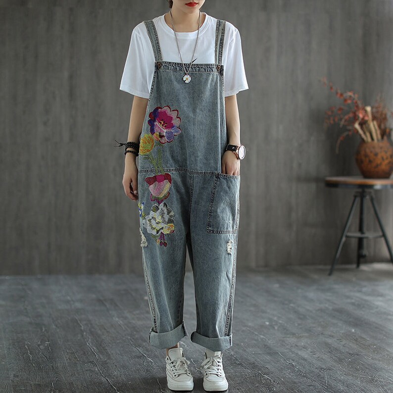 Vintage Embroidered Denim Jumpsuit Women, Loose Jumpsuits, Casual