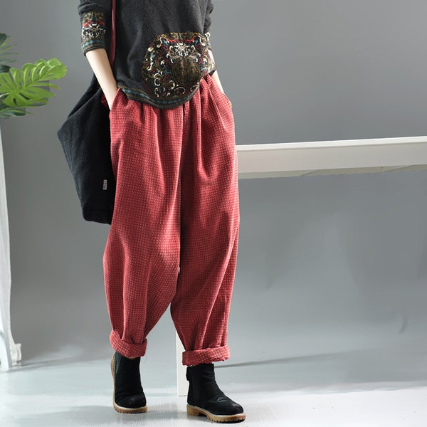 Elastic waist loose corduroy women Harlan casual pants, 90s retro corduroy trousers, large size  casual pants, winter brown harem pants,