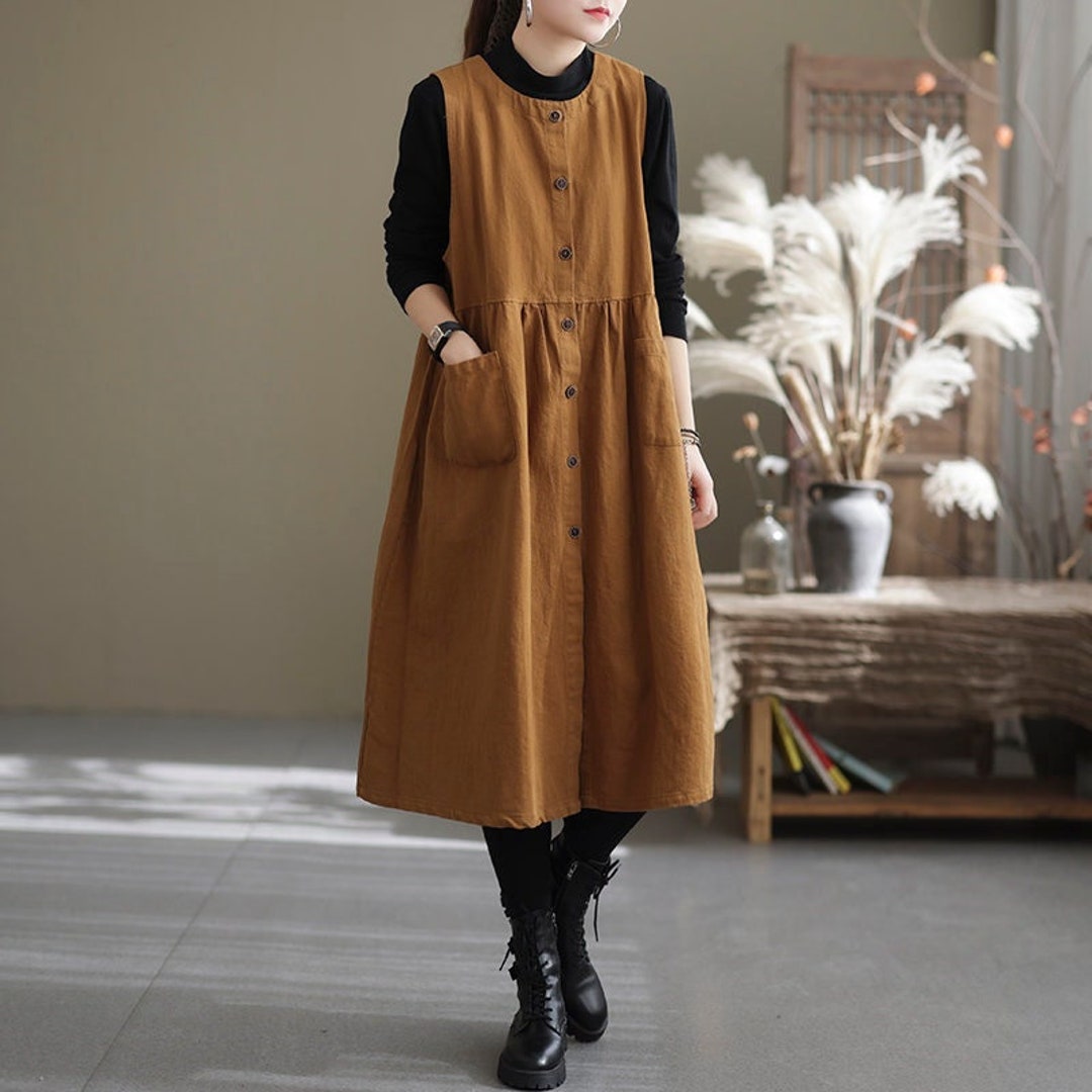 Vintage Casual Dresses for Women, Sleeveless Dresses, Cotton Over Knee Mid Length Skirts, Round