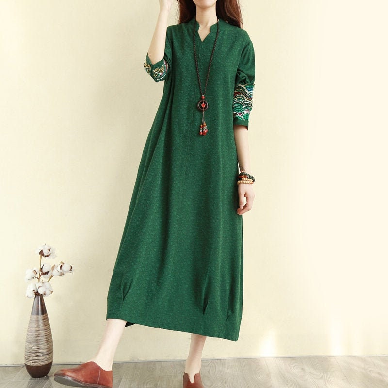 Autumn Embroidered Long Sleeve Dressv-neck Large Size - Etsy