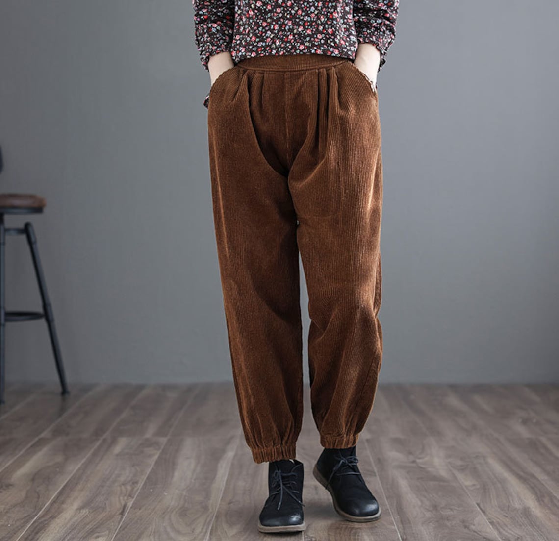 Retro Elastic Waist Corduroy Pants Women Casual Pants Solid - Etsy