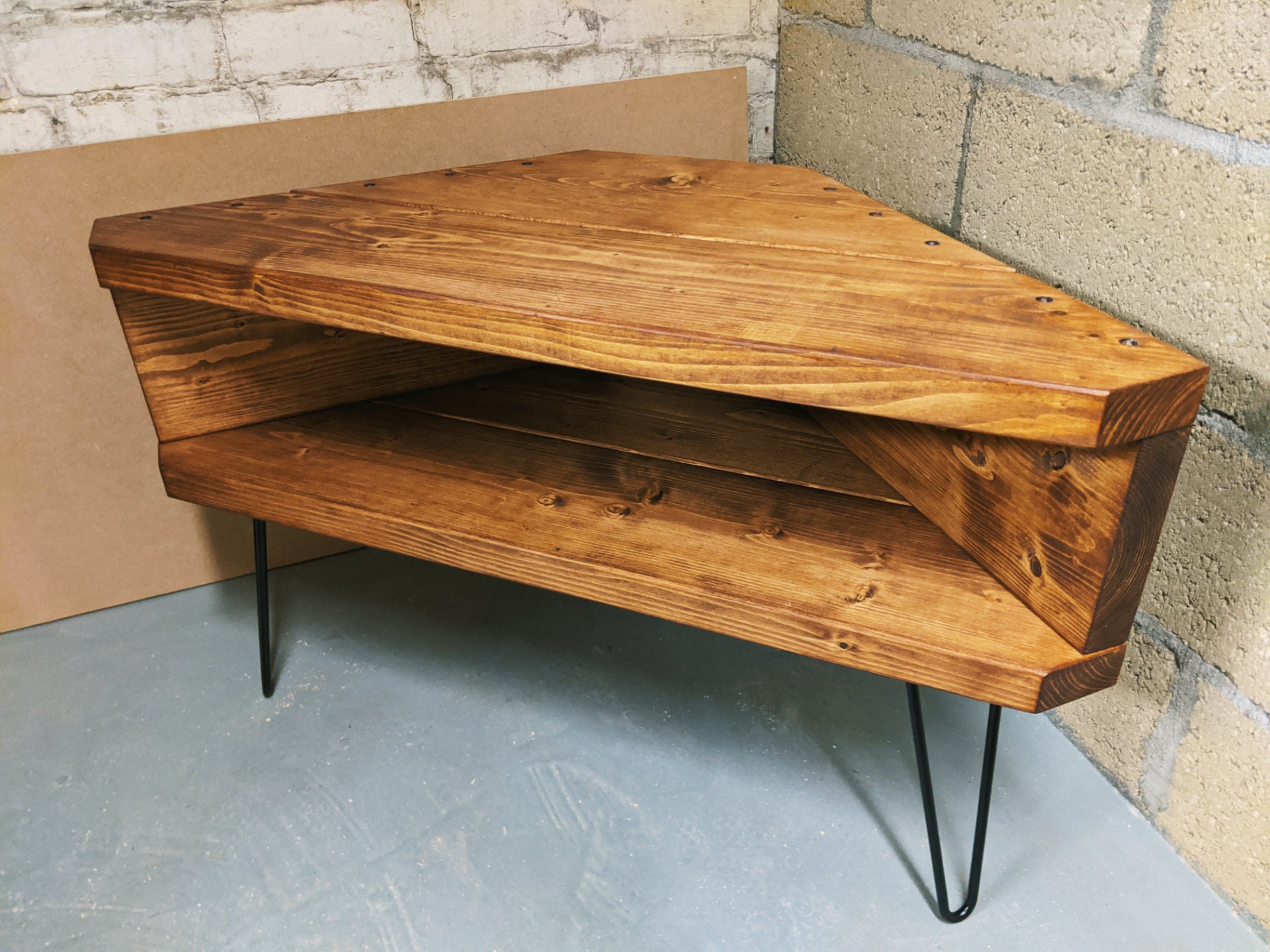 Rustic corner TV unit with hairpin legs in dark oak stain Etsy