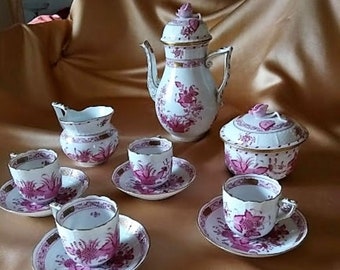 Vintage Coffee Set, Pink Handpainted Ηerend Porcelain, Unique Housewarming Gift, Antique Handpainted Espresso or Greek Coffee Set