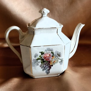 Elegant White  Porcelain Tea Pot, Vintage Floral Societe Ceramique Maestricht Tea Pot, Transferware with Roses Bouquet, Countrychic Teapot