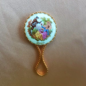 Elegant Antique Hand Mirror, Limoges Vintage Porcelain Mirror, Fragonard Image Purse Mirror, Portable Painted Porcelain Mirror, Gift for Her