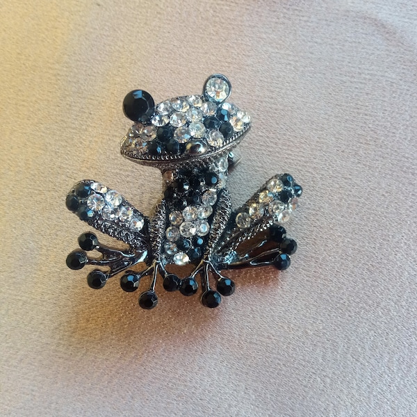 Belle broche grenouille vintage, petite broche crapaud, broche grenouille en métal argenté et noir et strass en cristal, collection grenouille, bijoux grenouille