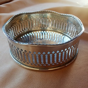 Vintage Silver Pierced Bottle Coaster, English Silver Plated Candy Bowl, Champagne or Spirits Bottle Coaster, Elegant English Pierced Art