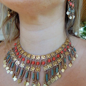 Egyptian Style Vintage Golden Necklace and Earrings, Vintage Boho - Gipsy  Necklace and Earrings, Middle Eastern Vintage Golden Jewelry Set