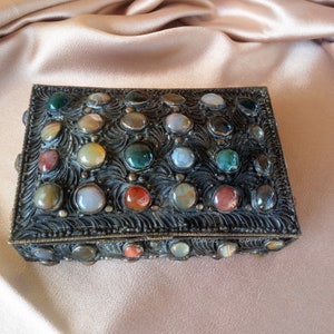 Old Chinese Hand Made with Semi Precious Stones Silver Jewelry Box, Antique Silver Chest Hand Hammered filigree Work, Collectors Item