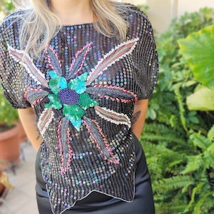 Black Embroidered Evening Blouse, Sequined Multicolored Butterfly Style Outwear, Vintage Elegant Sequin Blouse, Evening Flower Motif Outfit