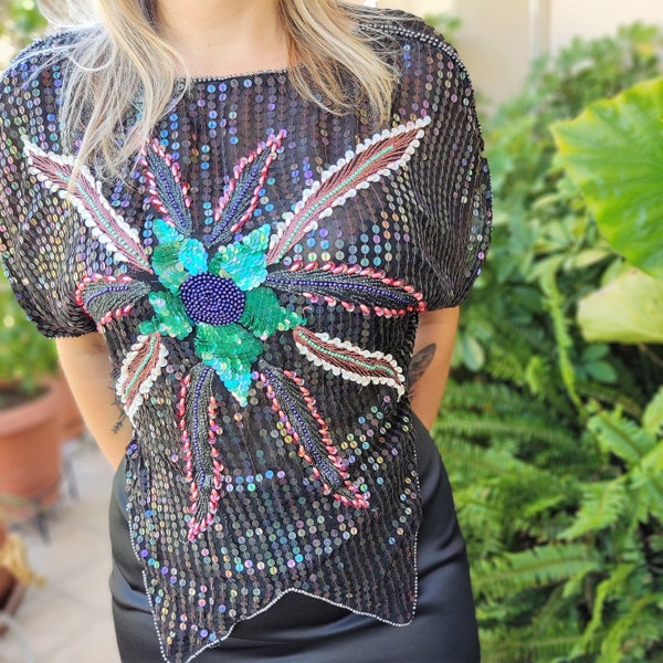 Black Embroidered Evening Blouse, Sequined Multicolored Butterfly Style Outwear, Vintage Elegant Sequin Blouse, Evening Flower Motif Outfit