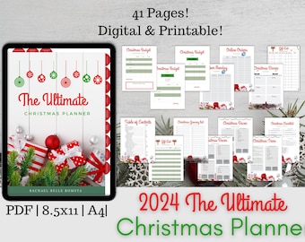 May include: A digital printable Christmas planner with 41 pages. The cover features a red and green color scheme with ornaments and presents. The title is "The Ultimate Christmas Planner" with the text "2024 The Ultimate Christmas Planner" at the bottom.