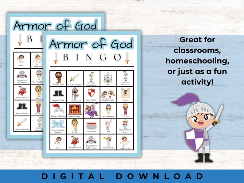 May include: A printable Armor of God Bingo game with a blue and white background. The game features images of different parts of the Armor of God, such as the helmet of salvation, the breastplate of righteousness, and the shield of faith. The game is great for classrooms, homeschooling, or just as a fun activity.