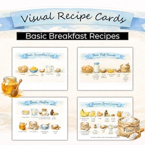May include: Watercolor-style recipe cards for basic breakfast recipes. The cards include instructions for scrambled eggs, puff pancakes, muffins, and banana bread. A jar of honey and a honey dipper are in the foreground. The text "Visual Recipe Cards" and "Basic Breakfast Recipes" are at the top.