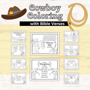 Könnte beinhalten: Eine Sammlung von Malvorlagen zum Thema Cowboy mit Bibelversen. Das Bild zeigt einen Cowboyhut, ein Lasso und mehrere Malvorlagen mit Illustrationen von Cowboys, Pferden und Kakteen. Text: "Cowboy Coloring with Bible Verses".
