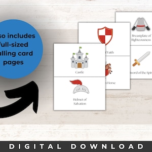 May include: Printable digital download of a set of cards featuring illustrations of armor and weapons from the Bible. The cards include a castle, helmet, shield, sword, and breastplate. The text on the cards includes "Castle", "Helmet of Salvation", "Faith", "Sword of the Spirit", and "Breastplate of Righteousness".