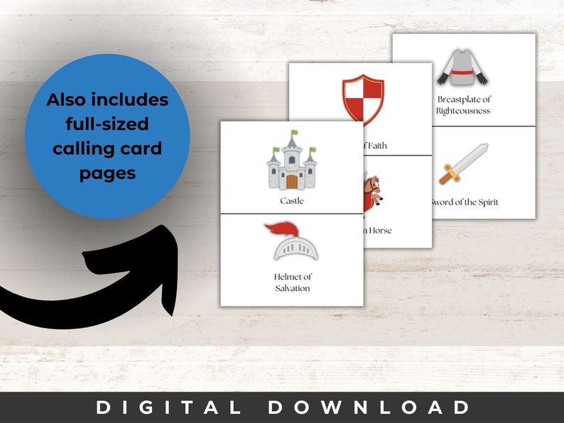 May include: Printable digital download of a set of cards featuring illustrations of armor and weapons from the Bible. The cards include a castle, helmet, shield, sword, and breastplate. The text on the cards includes "Castle", "Helmet of Salvation", "Faith", "Sword of the Spirit", and "Breastplate of Righteousness".