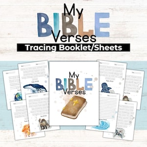 May include: A collection of Bible verse tracing sheets and a booklet. The title "My Bible Verses" is displayed in watercolor lettering. The booklet features a brown book with a gold cross. The sheets have illustrations of a whale, camel, and other images.