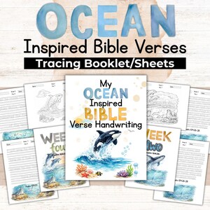 May include: A collection of ocean-themed Bible verse tracing booklets and sheets. The cover features an illustration of a jumping orca, waves, and coral. The text reads "Ocean Inspired Bible Verses Tracing Booklet/Sheets" and "My Ocean Inspired Bible Verse Handwriting."