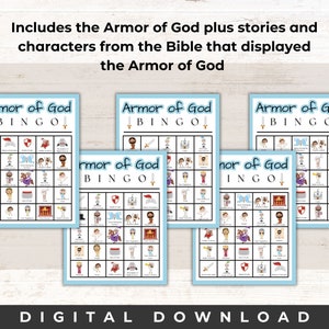 May include: Five printable bingo cards with a blue and white background. Each card features the text "Armor of God Bingo" and includes images of various characters and objects from the Bible.