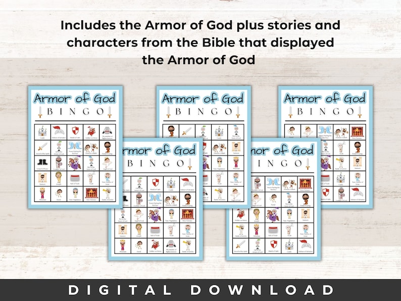 May include: Five printable bingo cards with a blue and white background. Each card features the text "Armor of God Bingo" and includes images of various characters and objects from the Bible.
