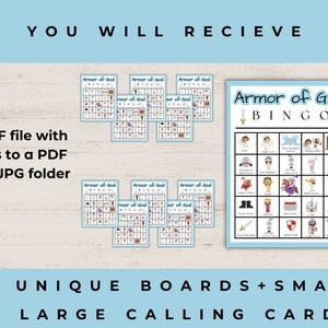 May include: A printable set of 30 unique bingo boards and calling cards featuring illustrations of the Armor of God. The title of the game is "Armor of God Bingo".