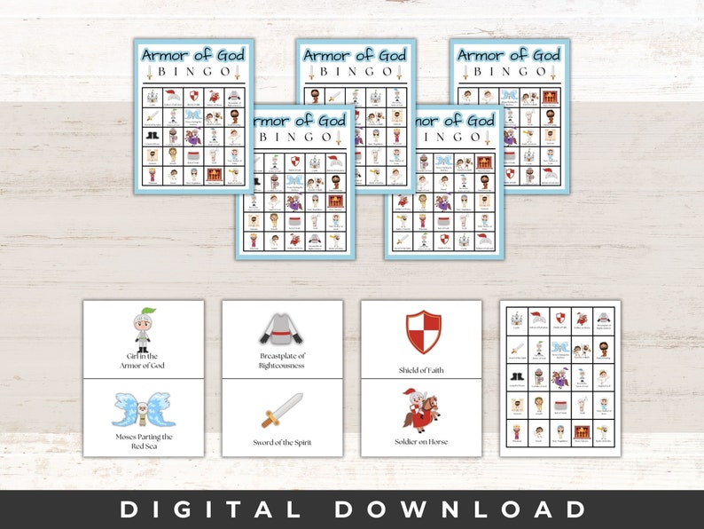 May include: Four printable bingo cards with the title "Armor of God Bingo" and a set of 10 corresponding calling cards with images and text. The calling cards include images of a soldier in armor, a shield, a sword, a soldier on a horse, and Moses parting the Red Sea.