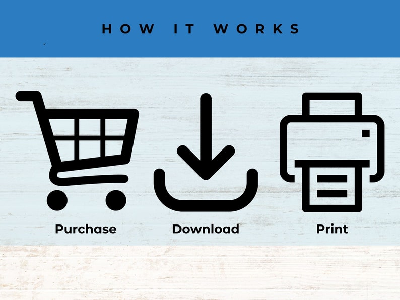May include: How it works: Purchase, download, and print.  A black shopping cart icon, a black downward arrow icon, and a black printer icon.