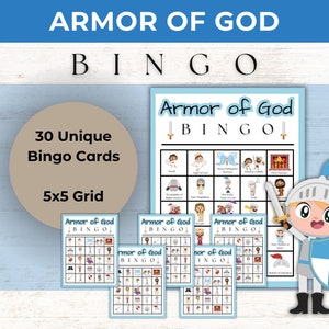 May include: A printable Armor of God Bingo game with 30 unique cards. Each card has a 5x5 grid with images representing different parts of the Armor of God. The game is illustrated with a cartoon knight wearing blue and white armor.