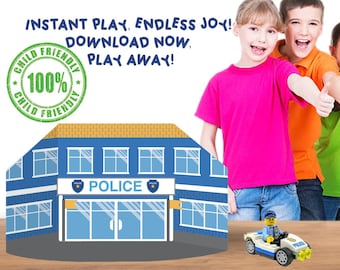 May include: Five children smiling and giving thumbs up in front of a blue and white cardboard police station playset. The playset has a sign that says "POLICE" and a small toy police car is in front of it.