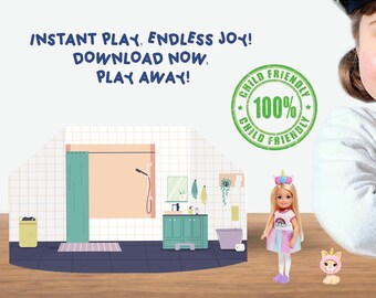 May include: A child-friendly dollhouse playset with a bathroom interior, a doll with a unicorn headband, and a unicorn plush toy. The dollhouse is made of cardboard and has a green shower curtain, a white sink, and a mirror. The doll is wearing a rainbow shirt and a pink skirt. The unicorn plush toy is pink and white.