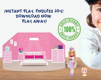 May include: A pink and white dollhouse bedroom set with a bed, nightstand, and dresser. A doll wearing a unicorn headband and a rainbow dress stands in front of the dollhouse. A small unicorn plush toy sits on the table in front of the dollhouse.