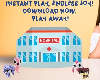 May include: A young girl smiles excitedly while holding up her fists in front of a white hospital building with blue windows. The text "INSTANT PLAY, ENDLESS JOY! DOWNLOAD NOW, PLAY AWAY!" is above the hospital. A green stamp with the text "CHILD FRIENDLY 100% CHILD FRIENDLY" is in the upper right corner of the image. The text "Not including the toy characters featured in the banner." is at the bottom of the image.