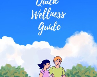 Op de afbeelding: Illustratie van een stel dat jogt in een park, tegen een blauwe lucht met wolken. De afbeelding bevat de tekst "Quick Wellness Guide" en de naam van de auteur, Adam Vercetti.