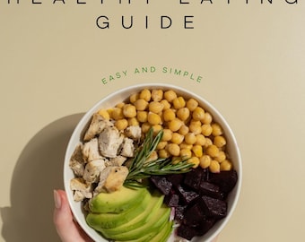 Op de afbeelding: Een witte kom gevuld met een kleurrijke en gezonde maaltijd, waaronder kikkererwten, kip, avocado en bieten. De tekst "HEALTHY EATING GUIDE" en "EASY AND SIMPLE" staat boven de kom. De naam van de auteur, Adam Vercetti, staat onderaan.