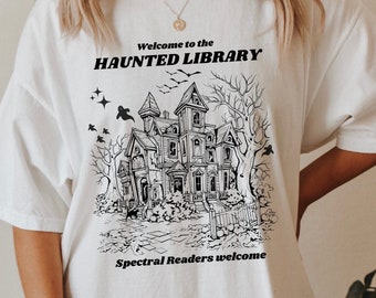 Haunted Library Comfort Colors Shirt | Bookish Librarian Readers Halloween T-Shirt | Spooky book lover gift | In my Horror reading era