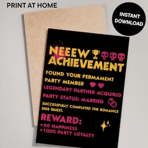 May include: A black rectangular card featuring yellow and pink text that reads NEEEW ACHIEVEMENT, FOUND YOUR PERMANENT PARTY MEMBER, LEGENDARY PARTNER ACQUIRED, PARTY STATUS: MARRIED, SUCCESSFULLY COMPLETED THE ROMANCE SIDE QUEST, REWARD: +50 HAPPINESS, +100% PARTY LOYALTY.
