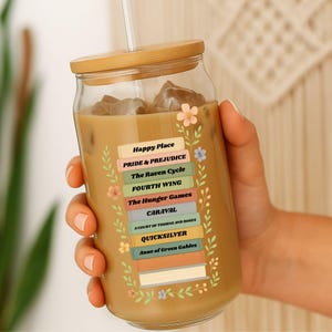 Personalised Bookshelf 16oz Sipper Glass Cup with Bamboo Lid | Custom Bookshelf, Book Lover Coffee gift,Present for Reader Librarian Teacher