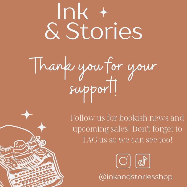 Peut inclure: Graphique promotionnel sur fond terracotta avec le texte "Ink & Stories" et "Merci pour votre soutien !". Il comprend une illustration de machine &agrave; &eacute;crire vintage et des ic&ocirc;nes de m&eacute;dias sociaux.