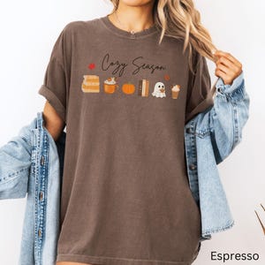 May include: Espresso-colored t-shirt with the text "Cozy Season" and fall-themed graphics. The design includes stacks of books, a pumpkin spice latte, a pumpkin, a book, a ghost, and a fall-themed drink.