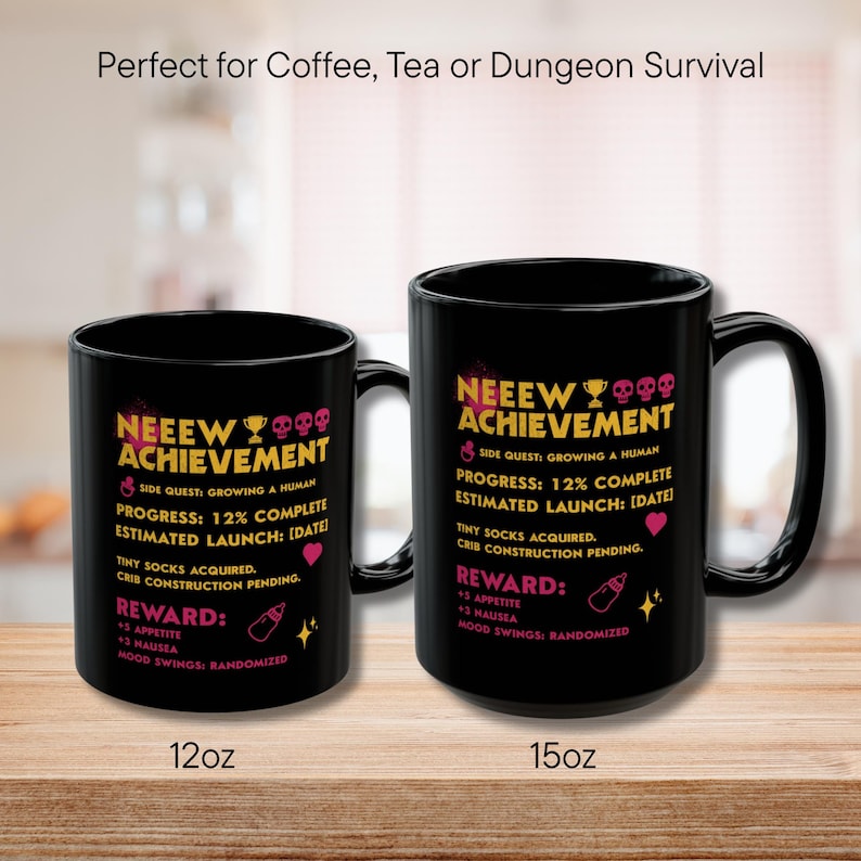 May include: Two black ceramic mugs with the text "NEEEW ACHIEVEMENT" in pink and yellow. The mugs have a capacity of 12oz and 15oz. The text includes details about a side quest, progress, and rewards.