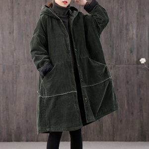 women's Winter long retro corduroy hooded casual coat, handmade large size loose coat, thick warm coat, 90S corduroy loose trench coat