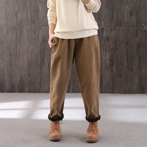 Winter warm and velvet thick corduroy casual pants,retro loose elastic waist women&#39;s pants,handmade solid color corduroy high waist trousers