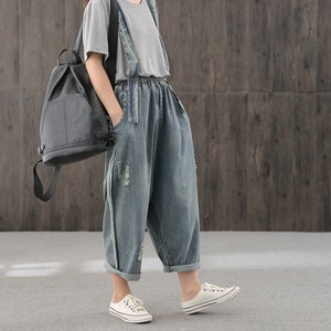 Spring Summer Loose Plus Size Ladies Denim Overalls, Dual Use Design Handmade Vintage Harem Jeans, Dark Blue Cropped Denim Overalls