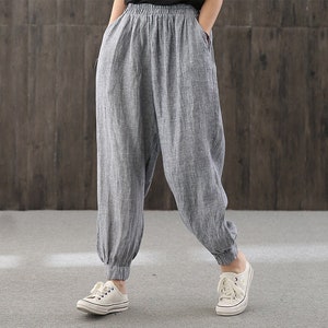 Casual pants,loose linen pants,summer pants,elastic waist straight pants,Striped pants,high waist pants,90S pants,women pants,Tapered pants