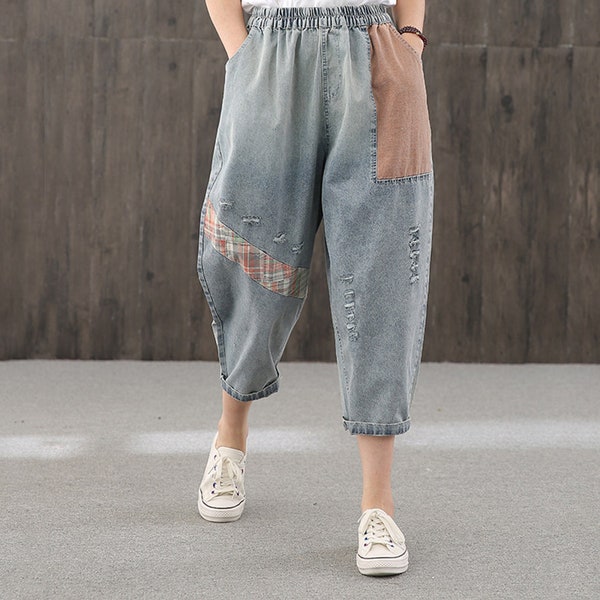 Loose cotton pants, Summer loose casual jeans,Below the knee pants,90s handmade women's jeans,blue pants,women's pants,pants for women