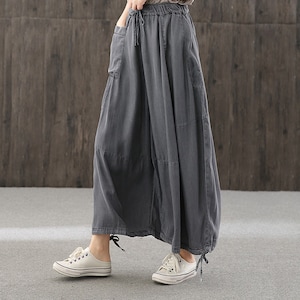 High Rise Wide Leg Cotton Jeans - Drawstring elastic waistband design with large pocket pants